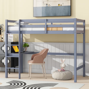 English Elm Twin High Loft Bed with Built-In Desk and Ladder — Space-Saving Rubberwood Study & Sleep Solution Grey W504P206978