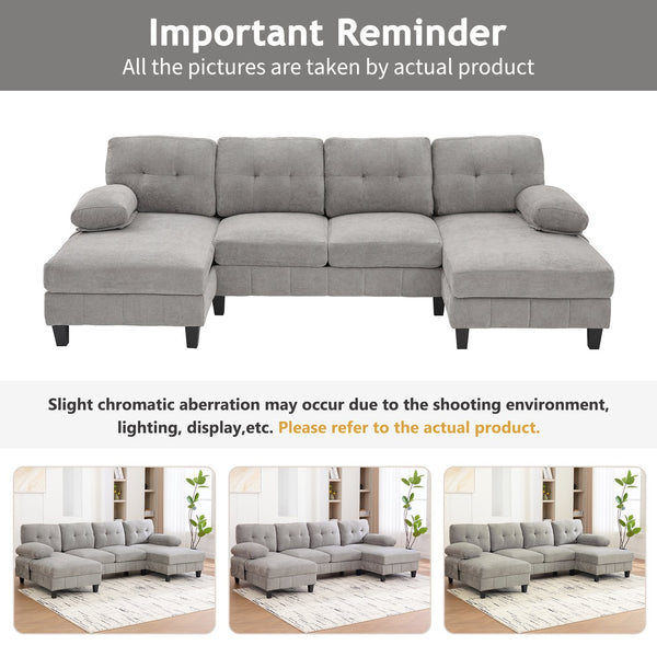 English Elm U-shaped Chenille Sectional Sofa with Dual Chaise Lounges, Tufted Back, Storage Pockets & Pillows Grey N719S002040E