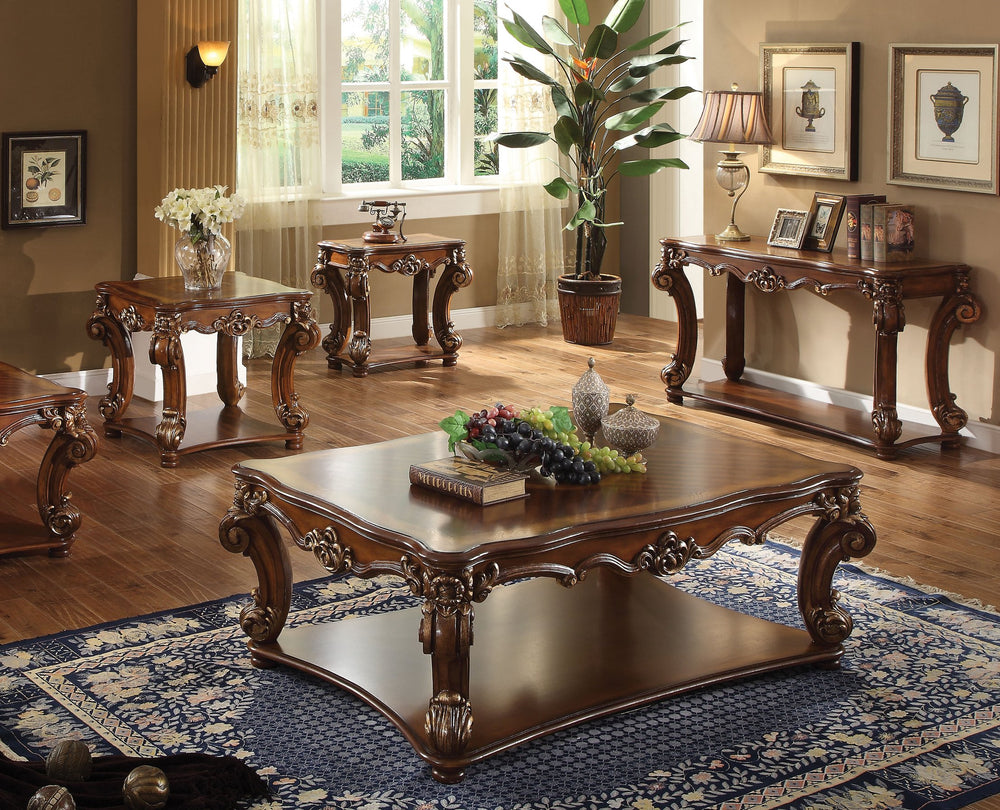 English Elm Cherry Scrolled End Table with Bottom Shelf, Cherry Finish Square Top, Elegant Trim, Storage Surface B062P209123