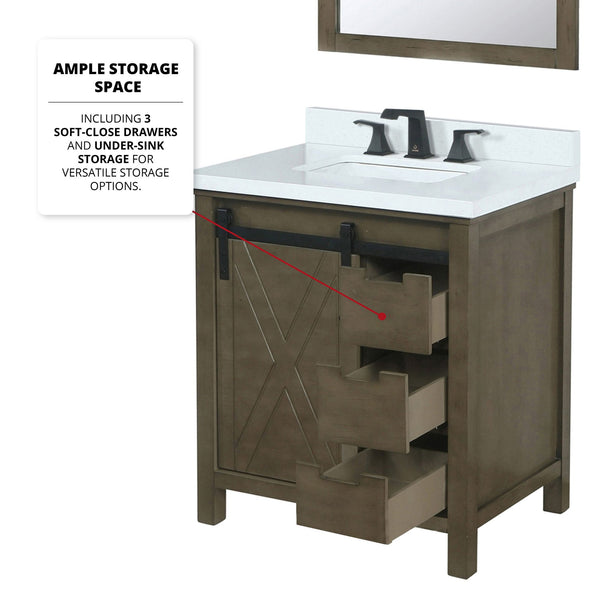 English Elm Rustic Brown Bath Vanity 30" W x 22" D with Cultured Marble Top, Matte Black Faucet, 28" Mirror B2731S01338