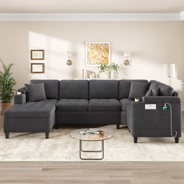 English Elm Modern U-shaped Sectional Sofa 115.7" Corner Couch with Chaise, Chenille Tufted Cushions, USB Ports and Storage Grey N719S002150E