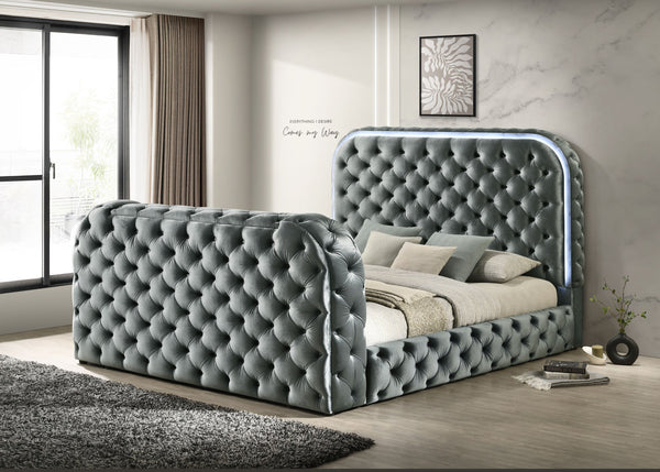 English Elm Kana Plush Upholstery Velvet Eastern King Bed with LED Headboard, Fireplace Footboard & TV Lift Stand Gray 86.9 L x 12.6 W x 9.5 H B2726S00457