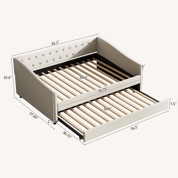 English Elm Full Size Daybed With Twin Trundle - Elegant Upholstered Sofa Bed With Tufted Back & Nailhead Trim W2336S00037