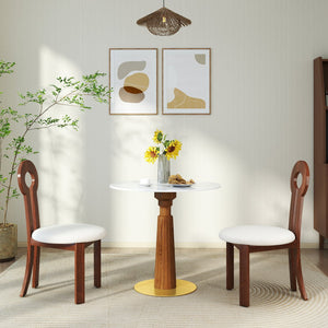 English Elm Modern Round Dining Table - 33.5" Sintered Stone Top With Wooden Legs & Gold Base, 2-Person Design W1535S00575