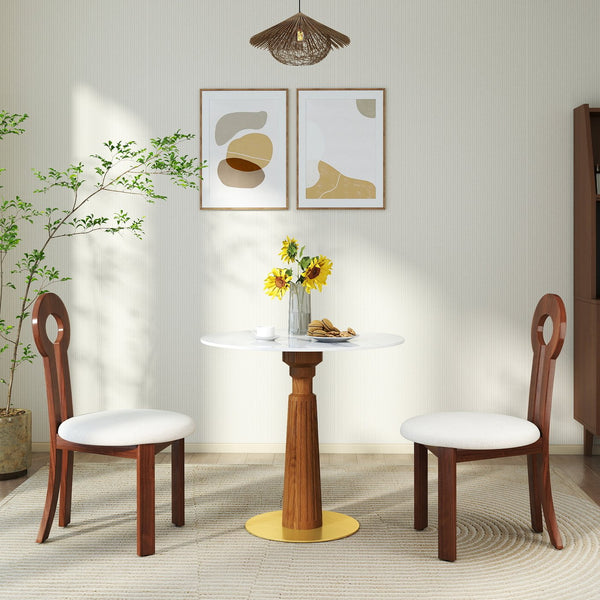 English Elm Modern Round Dining Table - 33.5" Sintered Stone Top With Wooden Legs & Gold Base, 2-Person Design W1535S00575