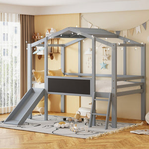 English Elm Twin House Loft Bed with Slide Chalkboard Panel and Led Roofline for Kids Gray WF324323AAE
