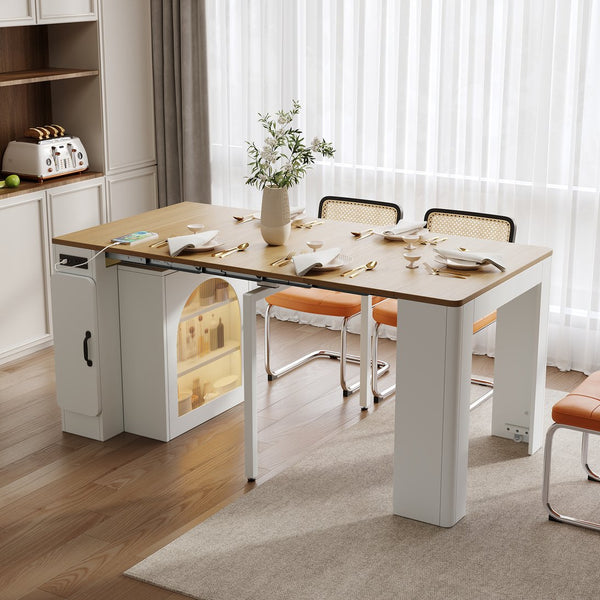 English Elm TREXM Extendable Dining Table with LED Light Strip, Built-In USB/Type-C Outlet, Rolling Space-Saver Cabinet Cream White,Natural XW000024AAK