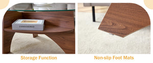 English Elm Oval Tempered Glass Coffee Table with Wood Grain Legs and Built-in Fan Tray Shelf W1151P256008