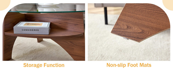 English Elm Oval Tempered Glass Coffee Table with Wood Grain Legs and Built-in Fan Tray Shelf W1151P256008