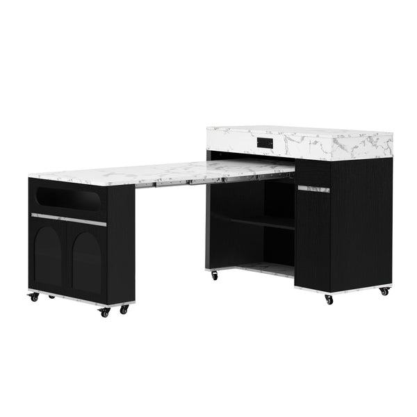 English Elm Trexm Rolling Kitchen Island Extendable Marble Top Cabinet Drawers Power Outlet Black,White Marble XW000029AAB