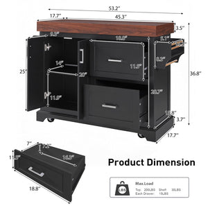 English Elm K&k Rolling Kitchen Island with Walnut Grain Countertop Drawers and Spice Rack Black N707S000025B