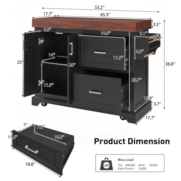 English Elm K&k Rolling Kitchen Island with Walnut Grain Countertop Drawers and Spice Rack Black N707S000025B