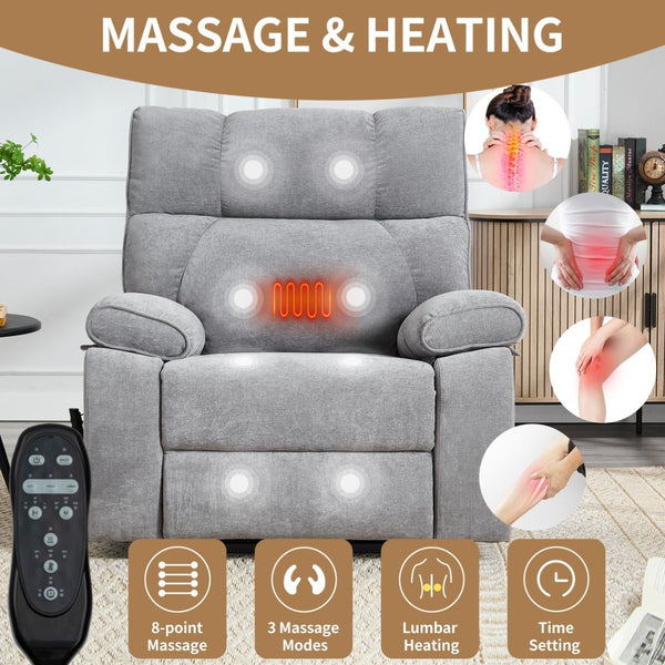English Elm Beige Chenille Power Lift Recliner Dual Motor Massage Heat 350 Lb Capacity Gray W1803P264031