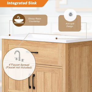 English Elm 30" Solid Pine Bathroom Vanity with Resin Sink Soft Close Doors and Natural Grain Finish N710P405952P