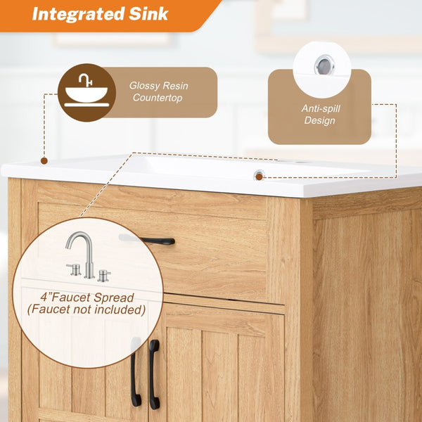 English Elm 30" Solid Pine Bathroom Vanity with Resin Sink Soft Close Doors and Natural Grain Finish N710P405952P