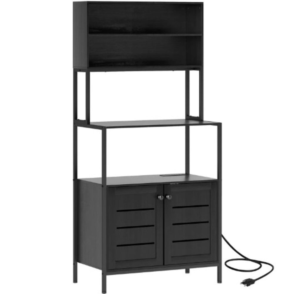 English Elm Convenient Matte Black Bakers Rack with Power Outlets Usb Ports and Open Shelving T3971P429706