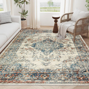 English Elm Area Rug 8X10 Vintage Bohemia Floral Design - Antique Blue Green Non-Slip Washable For Any Room W2907P265140