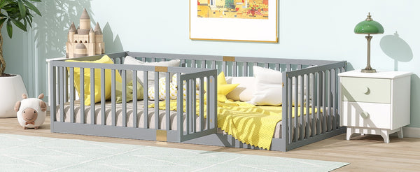English Elm Twin Floor Bed Solid Rubber Wood with Tall Safety Railings for Toddler Sleep Grey W504P287651