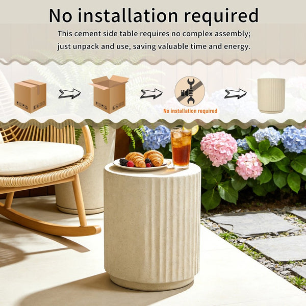 English Elm U_style Mgo Cylinder Accent Table Wave Ribbed Concrete Look Patio or Indoor Plant Stand Beige N711P422078A