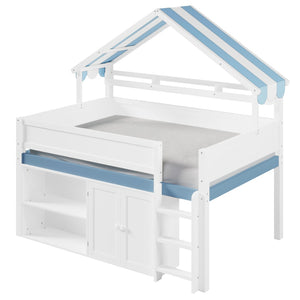 English Elm Full Size Pine Loft Bed with House Canopy Roof Built in Shelves and Storage Cabinet N7090005012C