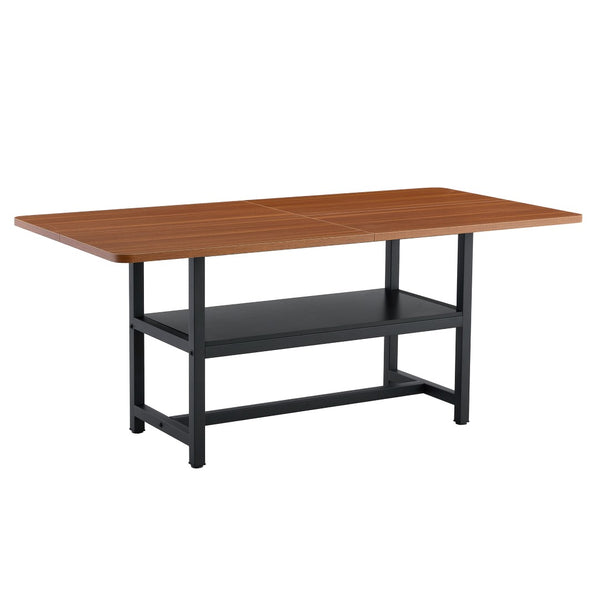 English Elm Table and Chair Set 71 Inch Walnut Grain Dining with 6 Pu Upholstered Seats Walnut+Black W1151S04278