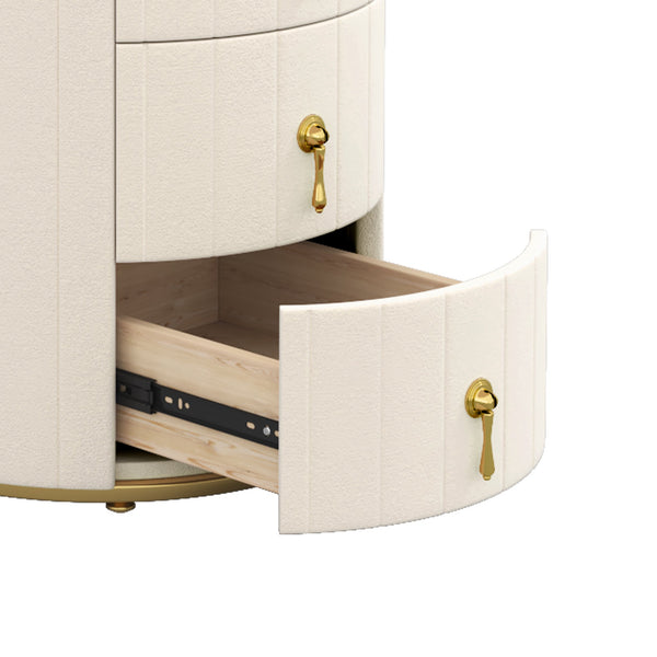 English Elm Upholstered Rounded Nightstand with 3 Spacious Drawers, Marbled Top and Metal Handles, Fully Assembled Beige 24 L x 19.5 W x 18.89 H N733P272609A