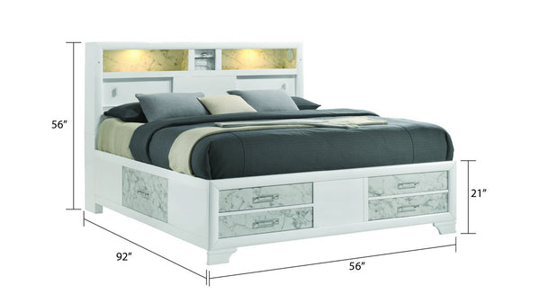 English Elm Soul Full 5PC Bedroom Set with Built-In Lighting, USB-C, Bluetooth Speakers & Marble Accents White B009S01622