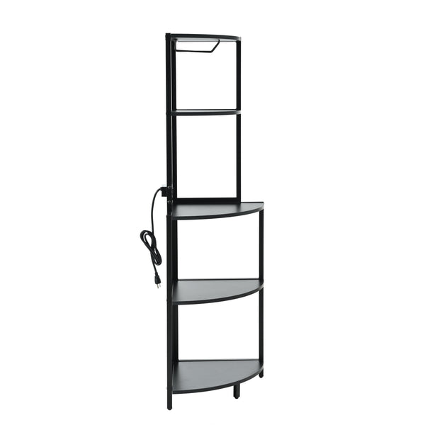 English Elm 5 5 Tier Corner Shelf LED with USB Plug, Black Metal+MDF Tall Narrow Standing Shelf for Corners W420P207358