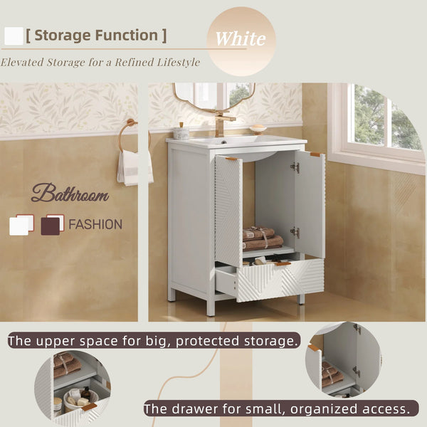 English Elm Christopher Knight Home® - 24 24-Inch Bathroom Vanity with Ceramic Sink, Textured Panels, Soft-Close Drawer & Large Storage White N817P339017K