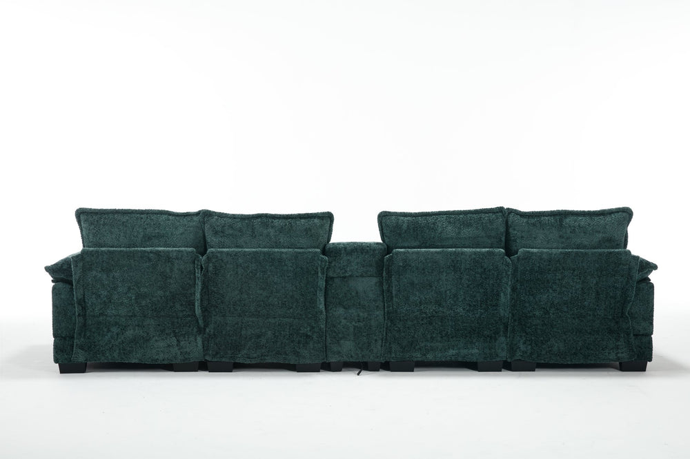 English Elm Modern U-Shaped Sofa With Console, Usb Ports & Cupholders – 6-Seat Chenille Sleeper Couch In Green W2100S00279