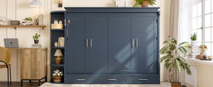 English Elm Full Size Murphy Wall Bed with Side Cabinets Three Drawers and Shelving for Small Spaces Blue W1580S00451