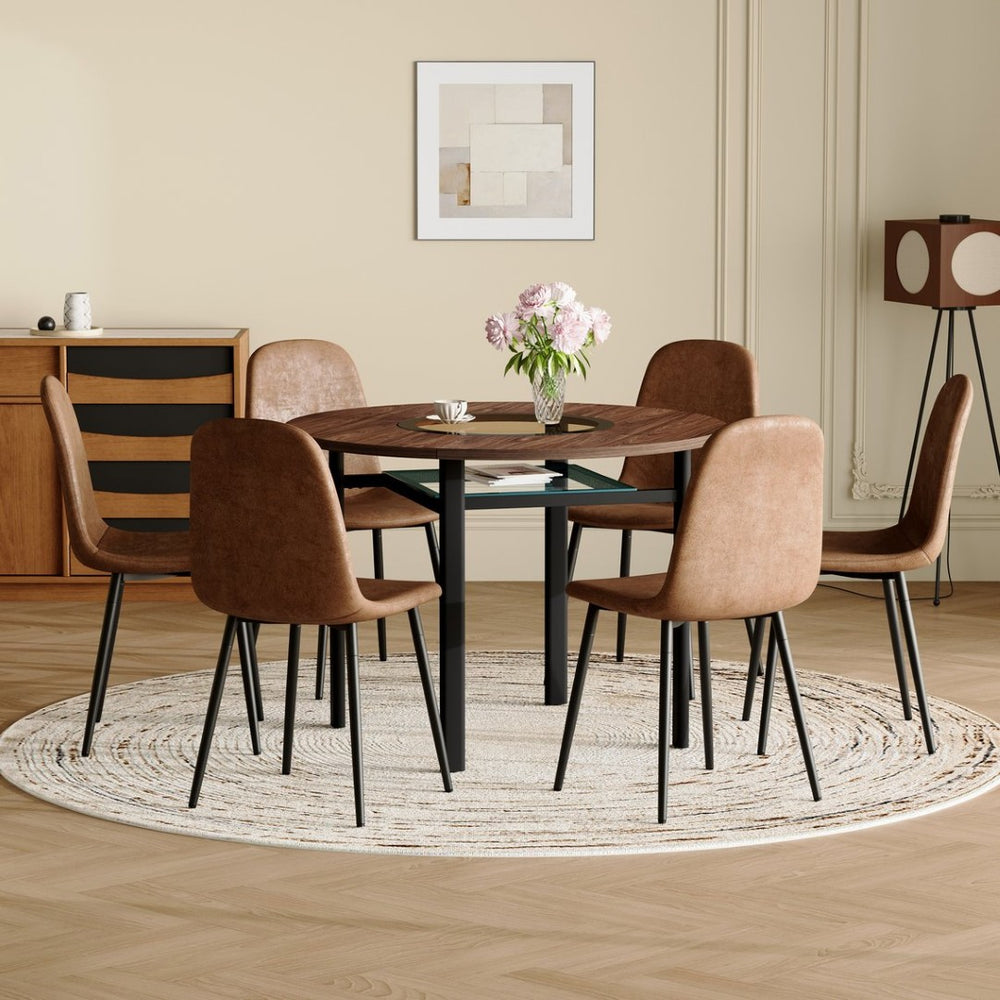 English Elm Table and Chair Set Round 42 Inch Wood Grain Dining with Tempered Glass and 6 Seats W1151S04478