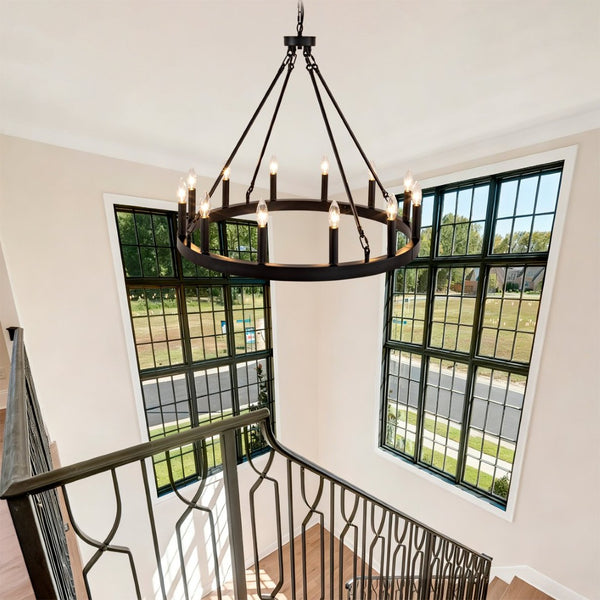 English Elm 12-light Wagon Wheel Chandelier Black Iron Rustic Farmhouse Fixture for Dining Rooms W2991P406726