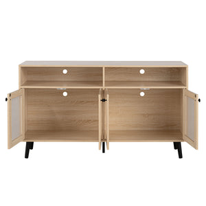 English Elm Mid-Century TV Stand with Gold-Capped Legs and Adjustable Shelves, Retro Modern 70" Media Console Natural 60 L x 19 W x 7 H B2741P398127