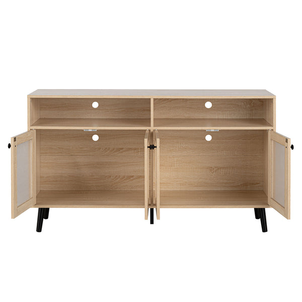 English Elm Mid-Century TV Stand with Gold-Capped Legs and Adjustable Shelves, Retro Modern 70" Media Console Natural 60 L x 19 W x 7 H B2741P398127