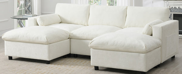English Elm [video]86.5'' Chenille U-shaped Sectional with Dual Ottomans and Storage Pockets for Living Rooms White N723S7723A