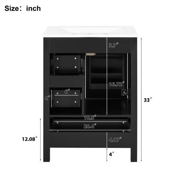 English Elm Modern 24 Inch Bathroom Vanity Solid Wood Cabinet with Ceramic Sink and Soft Close Storage Black N729P292859B