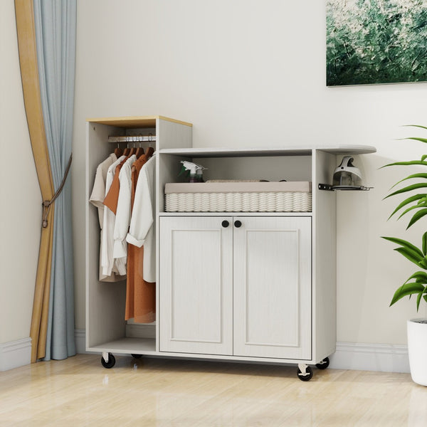 English Elm Ironing Cabinet on Wheels with Pull Out Board Open Shelves and Antique White Finish W1120P330148