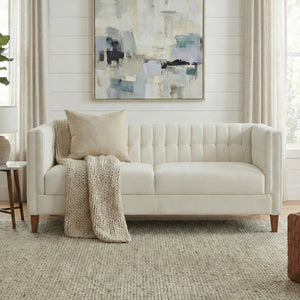 English Elm Modern Chenille Three Seater Sofa with Channel Tufted Back and Birch Wood Legs Beige N763S000100A