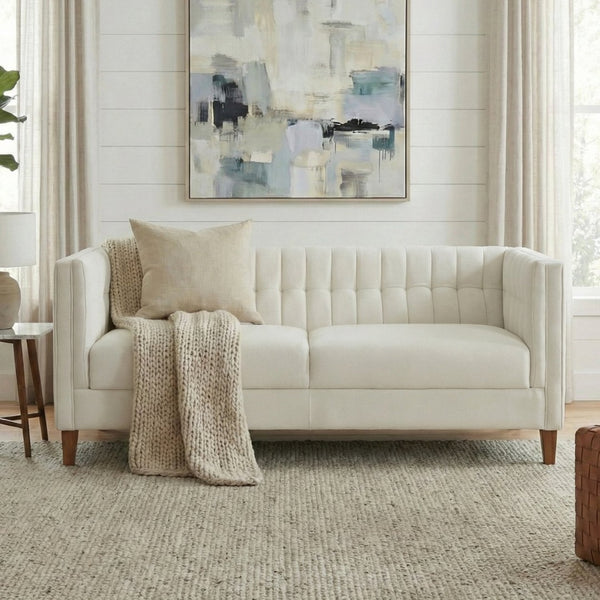 English Elm Modern Chenille Three Seater Sofa with Channel Tufted Back and Birch Wood Legs Beige N763S000100A
