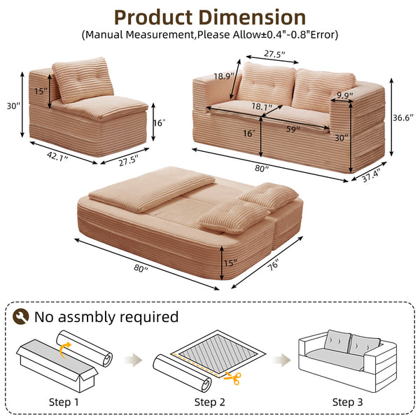English Elm Multi Functional Sectional Sofa Bed Plush Corduroy Convertible 80" King Sleeper with Chaise, Deep Fluff Pink W3219P339466