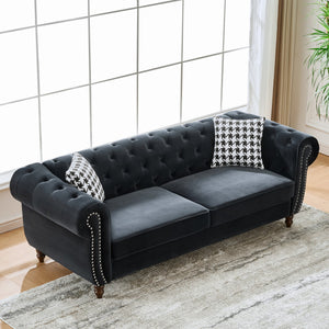 English Elm 87"Chesterfield Velvet Upholstery Sofa with Roll Armrests & Nailhead Trim, 3-Seater Luxurious Midcentury Design Black W3373S00009