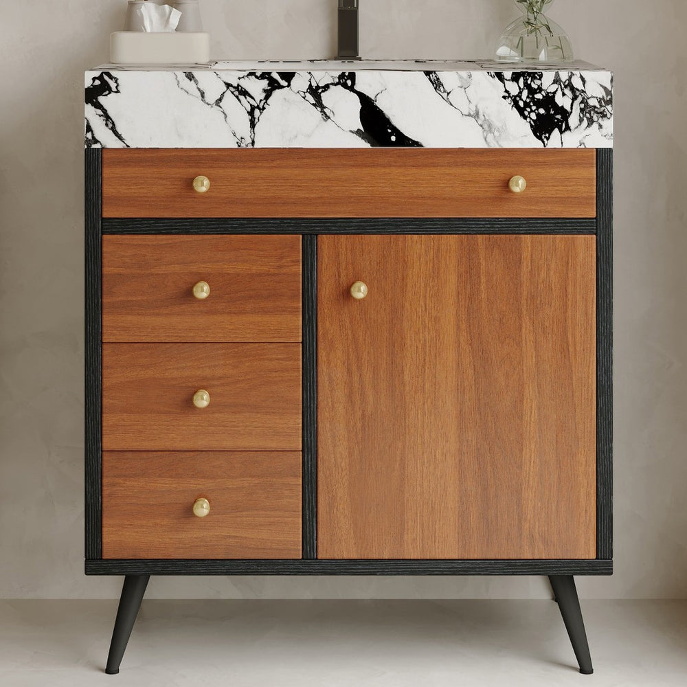 English Elm 29.9" Floating Bathroom Vanity Sintered Stone Top Soft Close Drawers Bronze Gold Hardware Black,Gold,Walnut,White W3136S00044