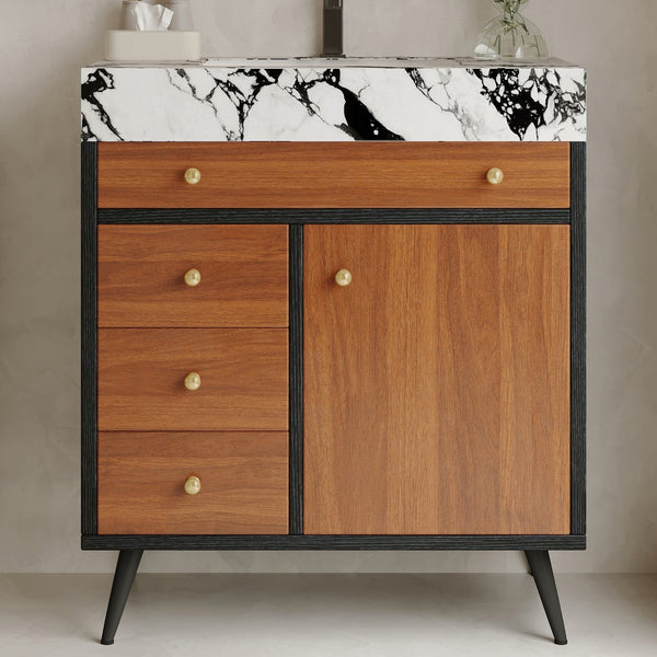English Elm 29.9" Floating Bathroom Vanity Sintered Stone Top Soft Close Drawers Bronze Gold Hardware Black,Gold,Walnut,White W3136S00044