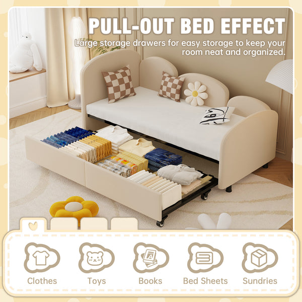 English Elm Twin Flower Velvet Daybed Frame with Pull-Out Storage Drawer, Modern Plush Sofa Bed for Kids Beige W395S00115
