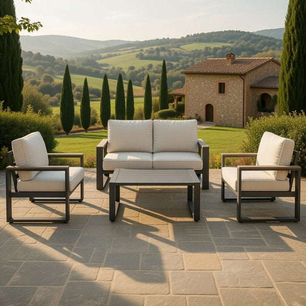 English Elm All-weather Aluminum Patio Conversation Set with Deep Cushions and Tempered Glass Table Beige+Grey B082S00117