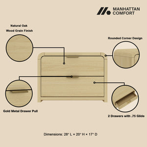 English Elm Grace 28" Nightstand Oak & Gold — Modern MDF Bedside Table with 2 Soft-Close Drawers, Glam Handles B365P398190