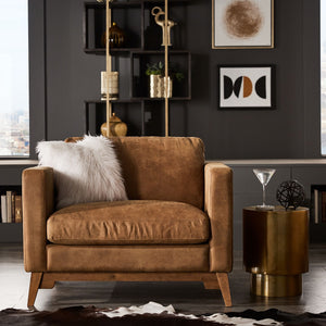 Nicolet Tan Leather Look Accent Chair with Tapered Oak Legs for Living Room