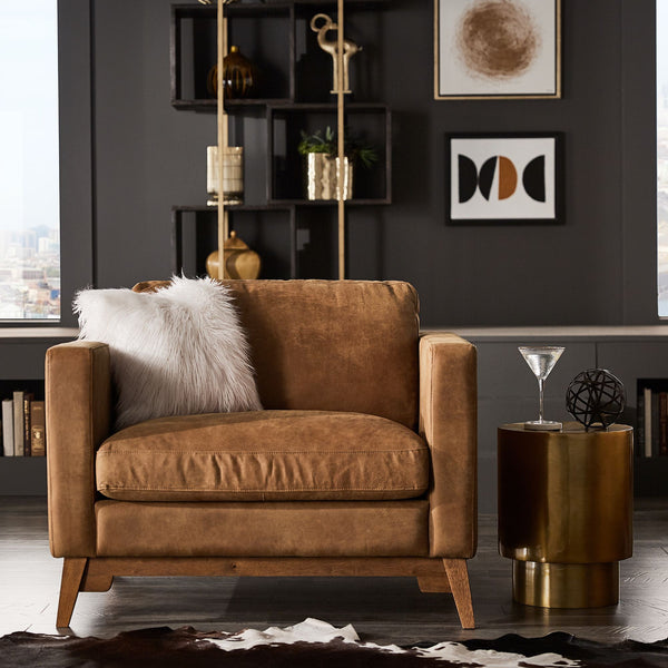 Nicolet Tan Leather Look Accent Chair with Tapered Oak Legs for Living Room