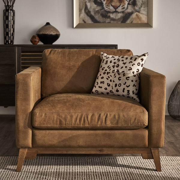 Nicolet Tan Leather Look Accent Chair with Tapered Oak Legs for Living Room